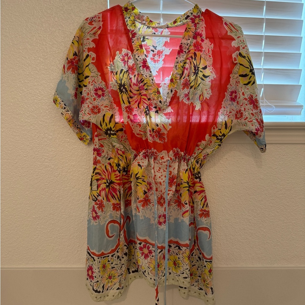 Johnny Was Red Floral V-Neck Tunic Yellow Blue floral light summer top shirt M